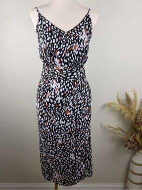 NEW Spotted V-Neck Slip Dress in Black and White with Brown Accents Size Medium